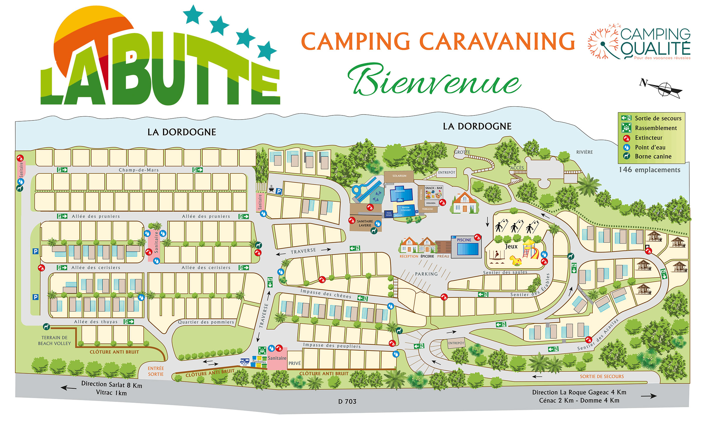 Plan du camping La Butte, camping 4 étoiles en Dordogne Périgord à La Roque-Gageac près de Sarlat